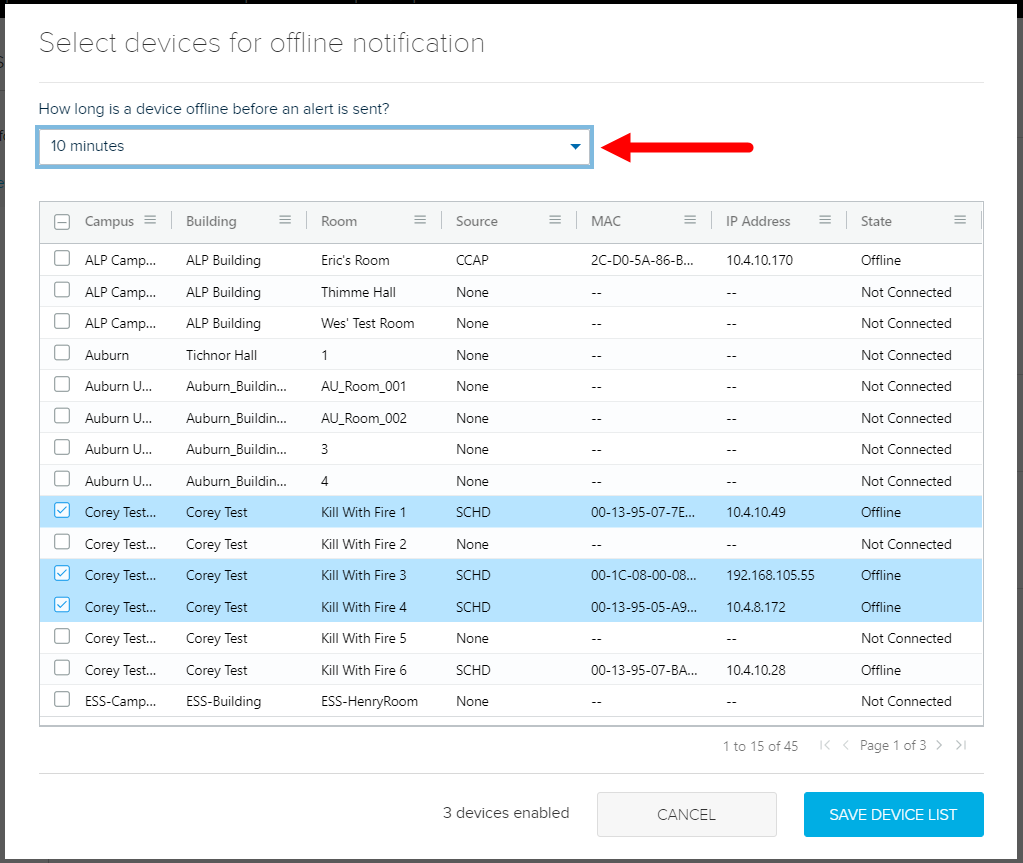 Select devices for offline alert dialog box with time threshold selected and identified as described