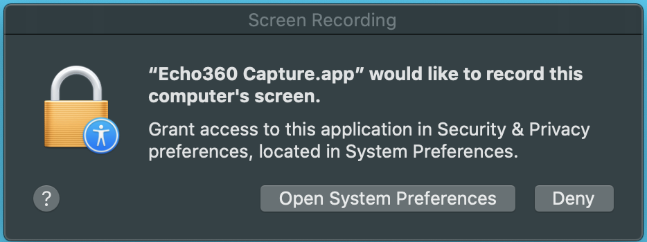 Prompt to open System Preferences to enable screen recording