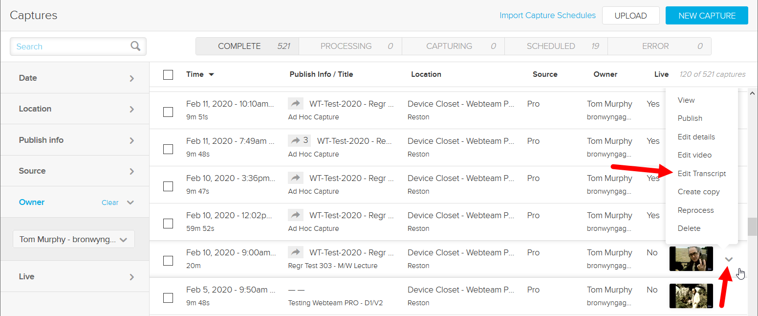 Captures page with chevron menu open and transcript editor option identified as described