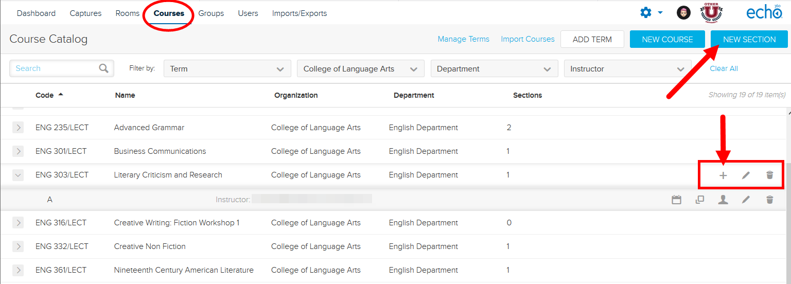 course list with New Section button and add section icon identified for steps as as described