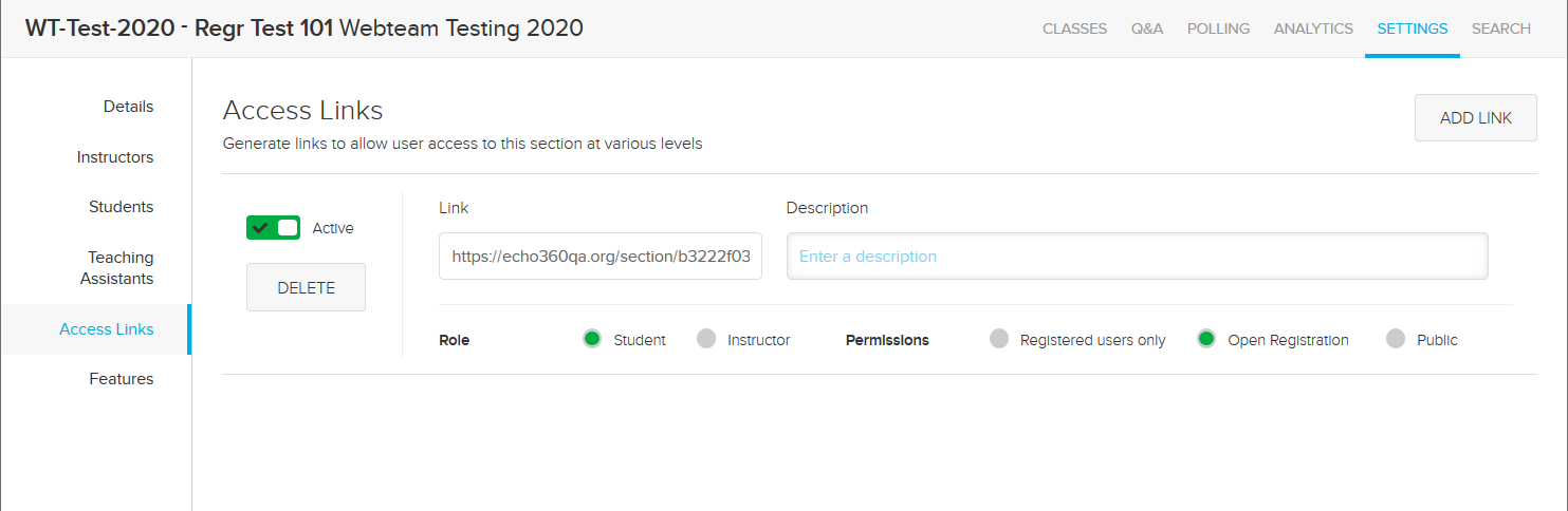 Section Access links page prior to SSO configuration to limit section access options as described