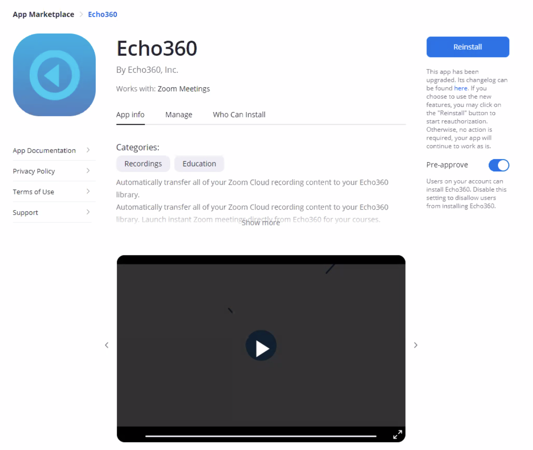EchoVideo app in Zoom account with reinstall button as described