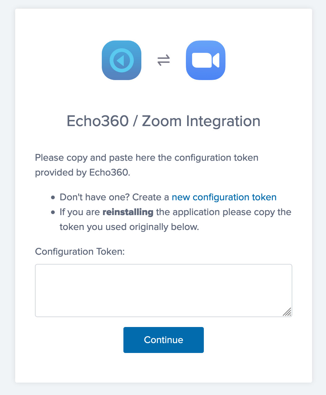 Zoom installation screen requesting EchoVideo configuration token as described