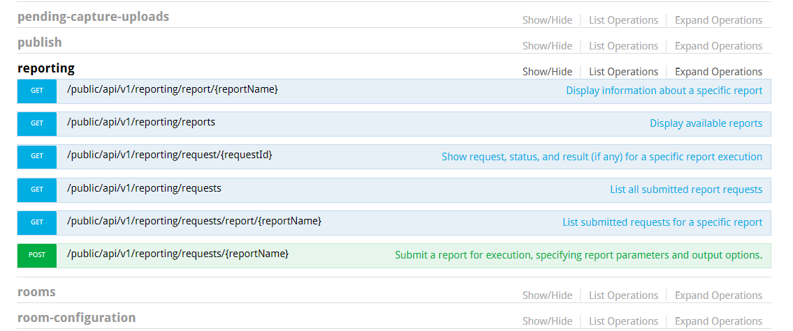 SwaggerDocs web interface with Reporting API endpoints and descriptions shown as described