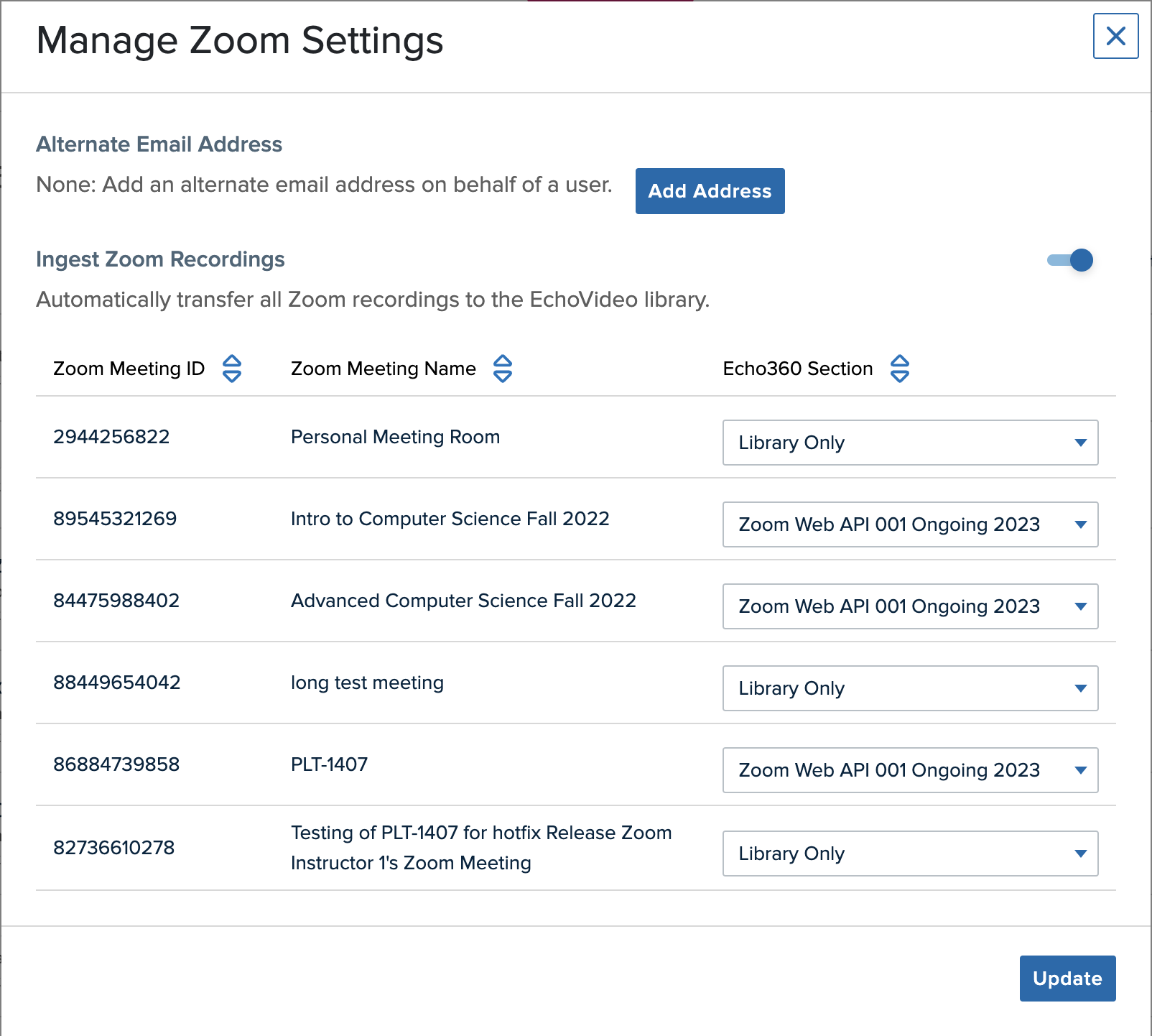 User's zoom meetings mappings list with Zoom meetings and mapped locations showing as described