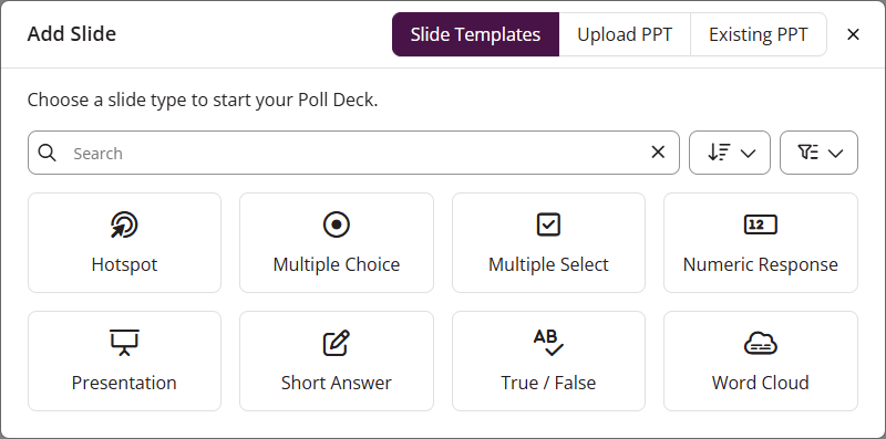 The Add Slide modal showing the available question types