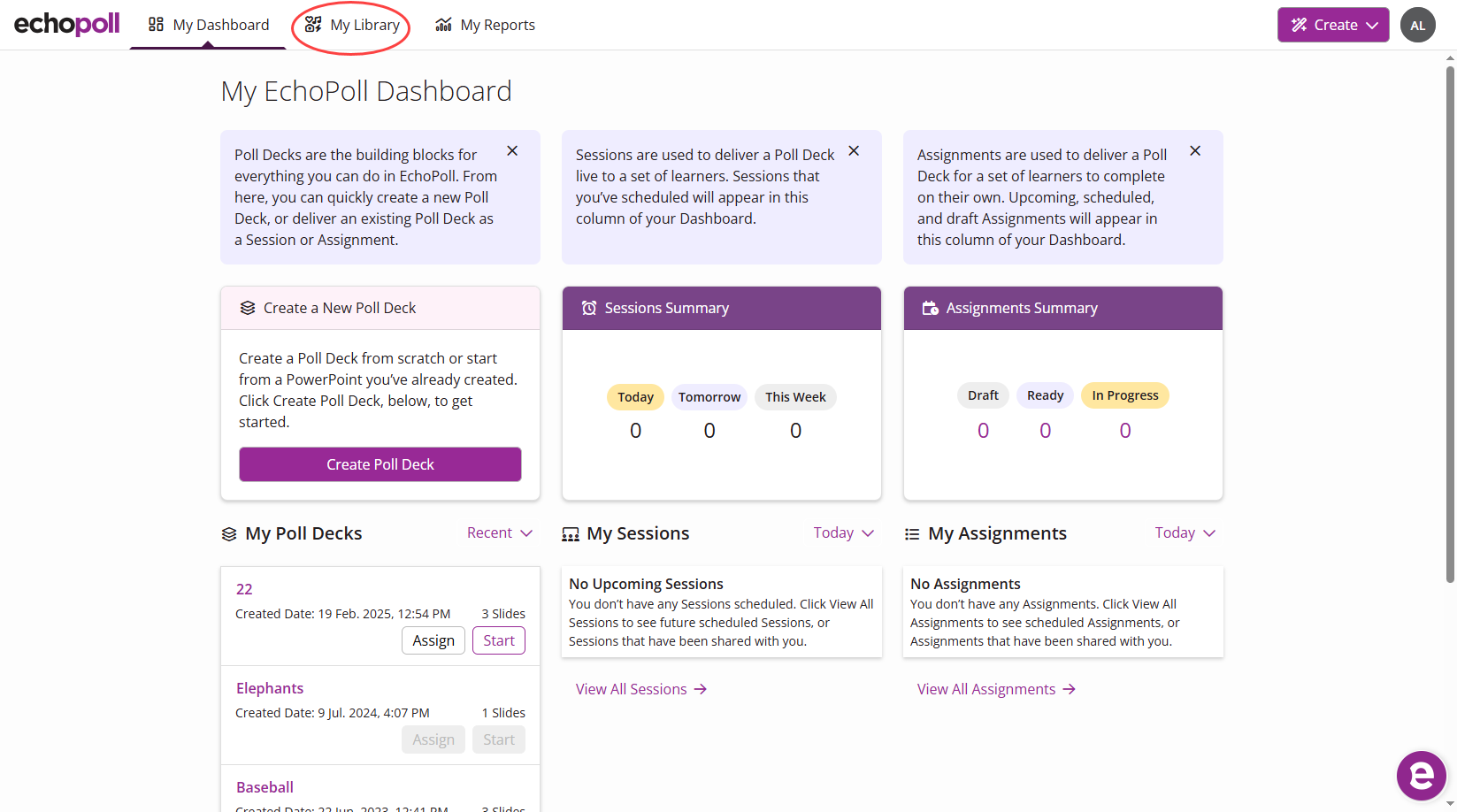 The EchoPoll Dashboard with the My Library tab identified as described