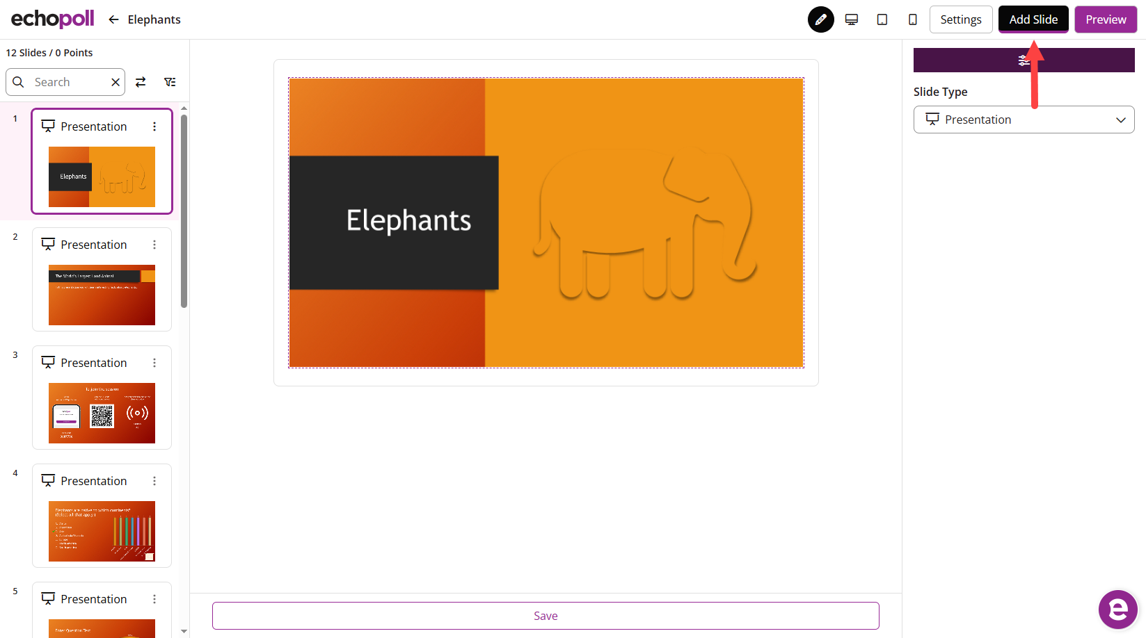 An existing presentation open and the Add Slide button identified as described