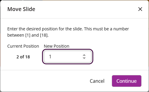 Move Slide Modal showing current and new position