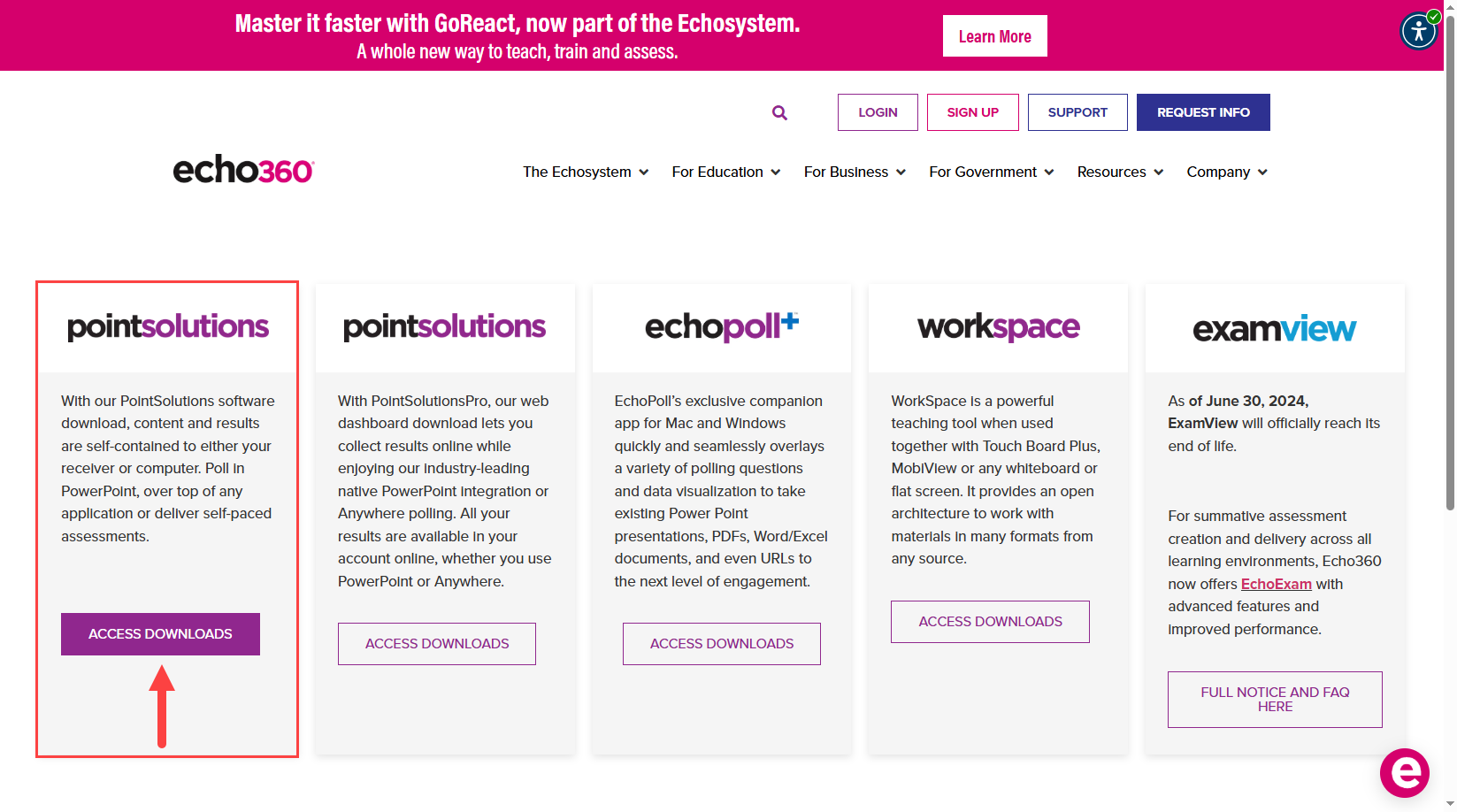 Echo360 Downloads page with PointSolutions Mac Access Downloads button identified