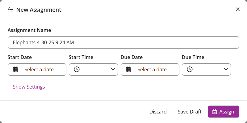 The EchoPoll New Assignment modal with additional settings collapsed
