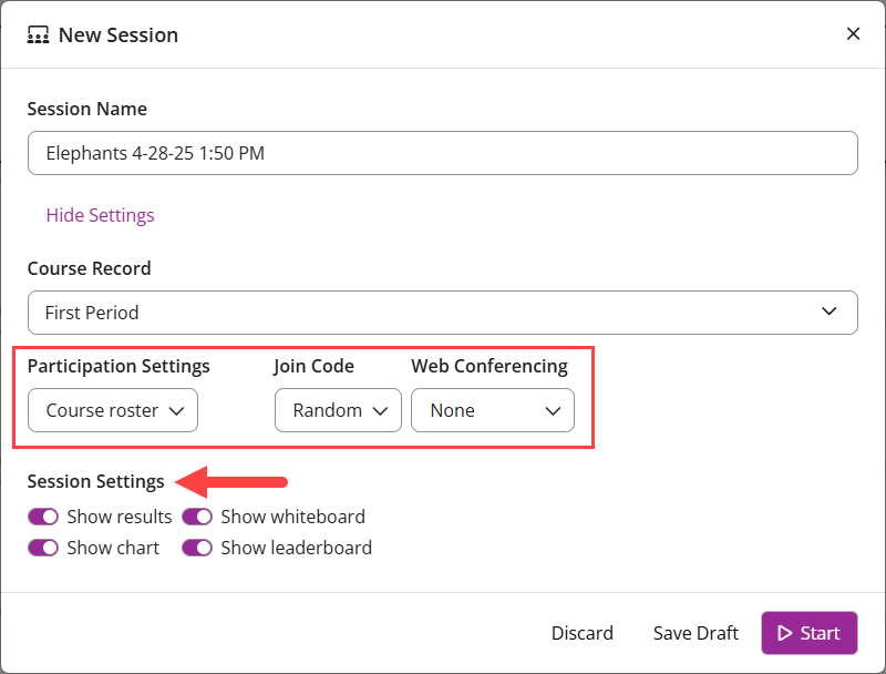Participation Settings and Session Settings identified as described