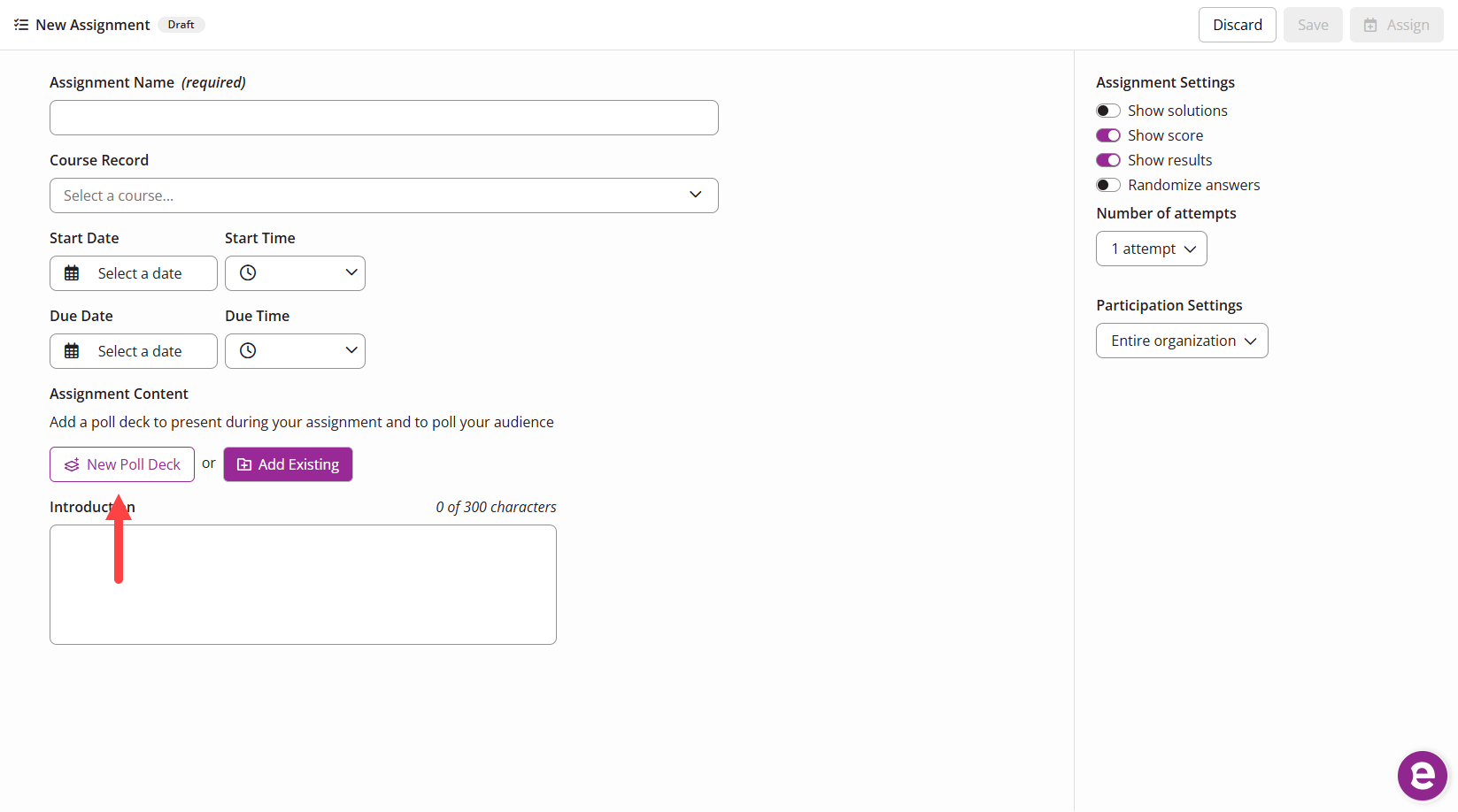 The EchoPoll New Assignment page with the create New Poll Deck button highlighted