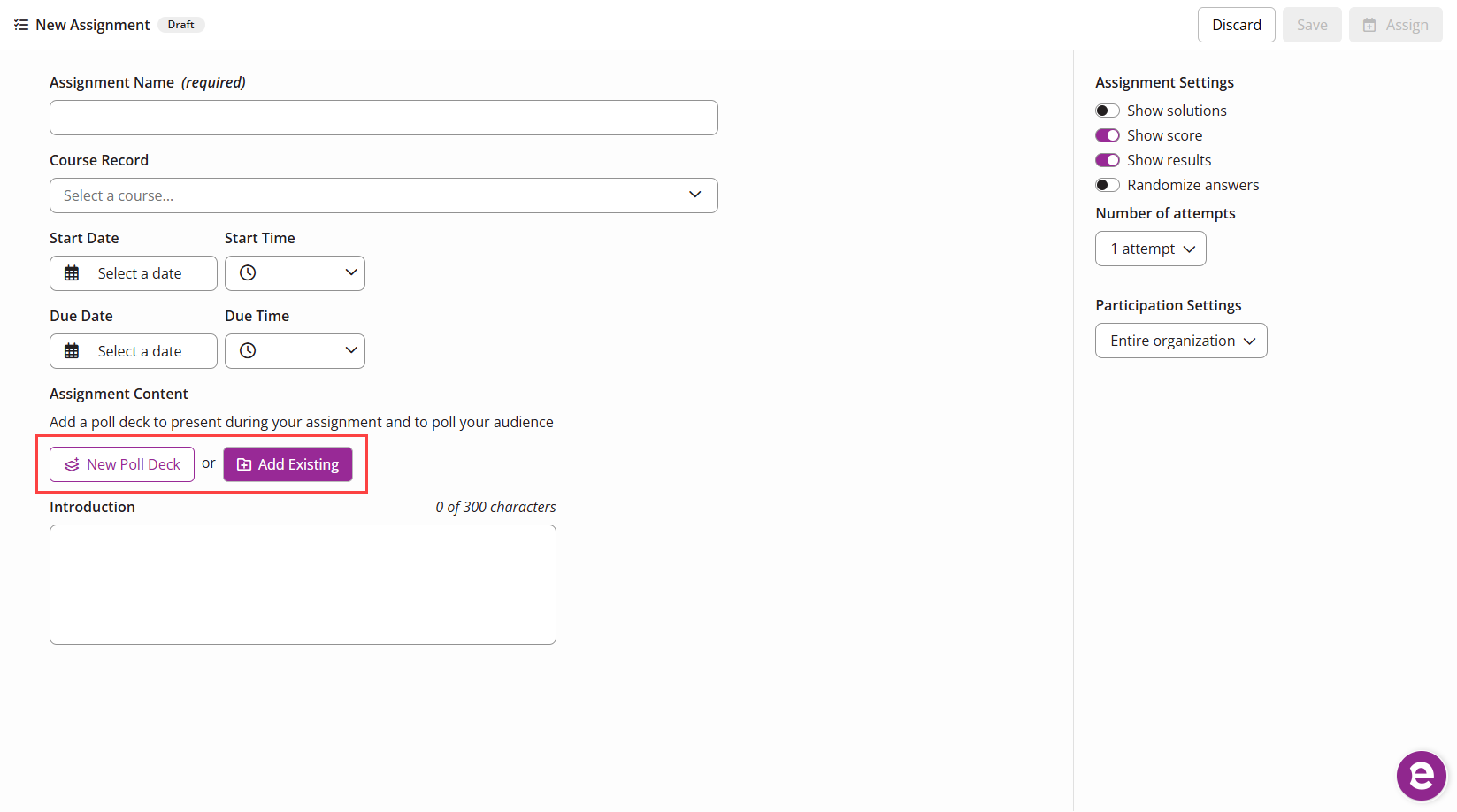 The EchoPoll New Assignment page with the create New Poll Deck and Add Existing buttons identified