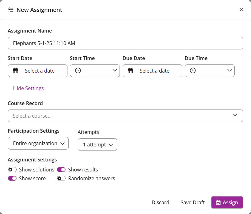 The EchoPoll New Assignment window with options expanded