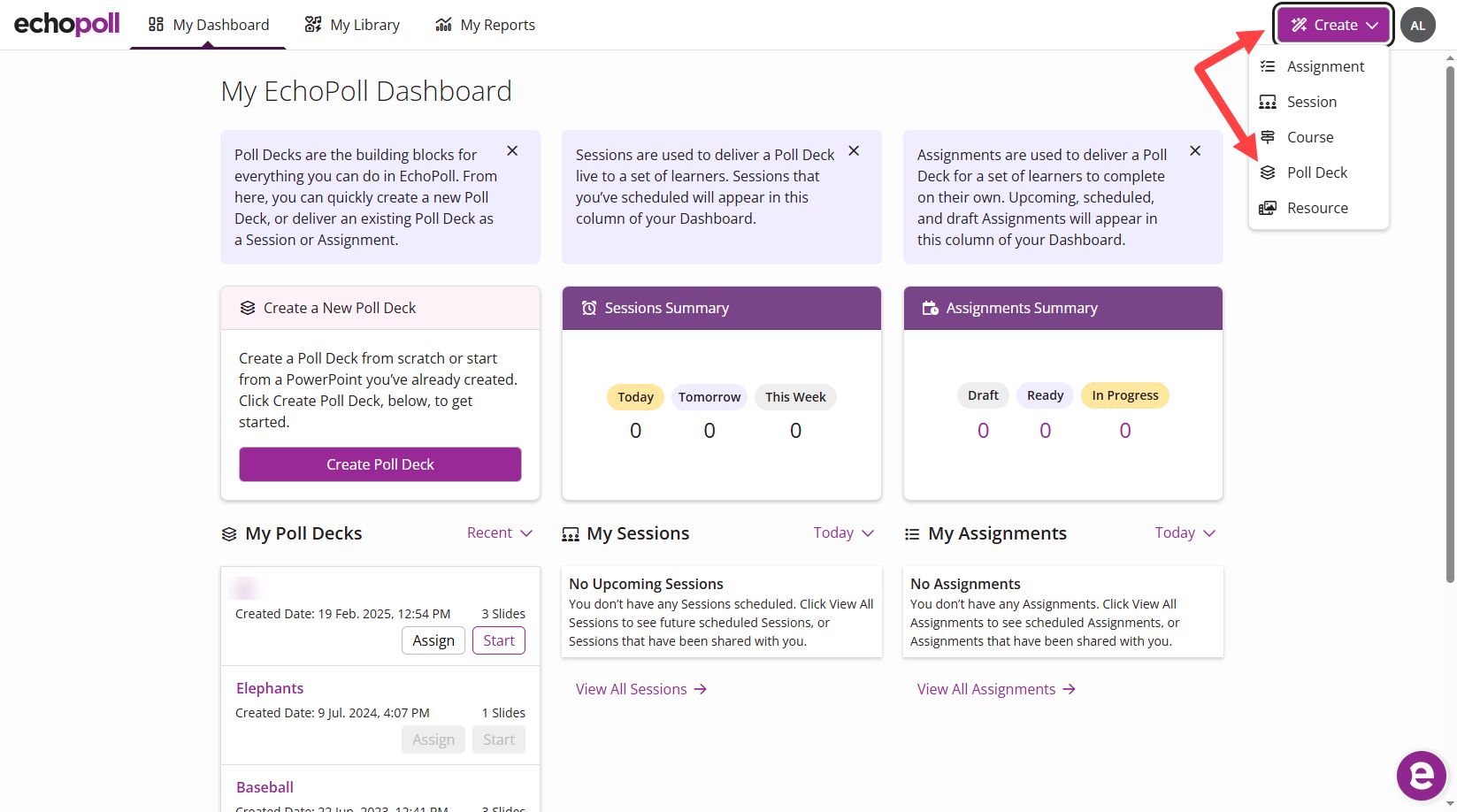 The EchoPoll library Create button with Poll Deck selected