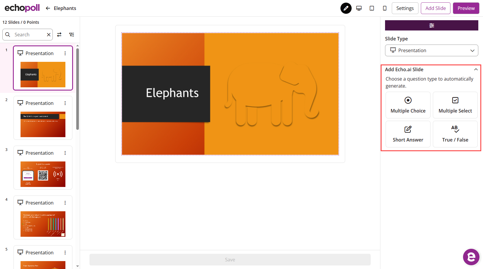 An imported PowerPoint slide in your Poll Deck as a presentation slide with available Echo.ai question slide types identified as described