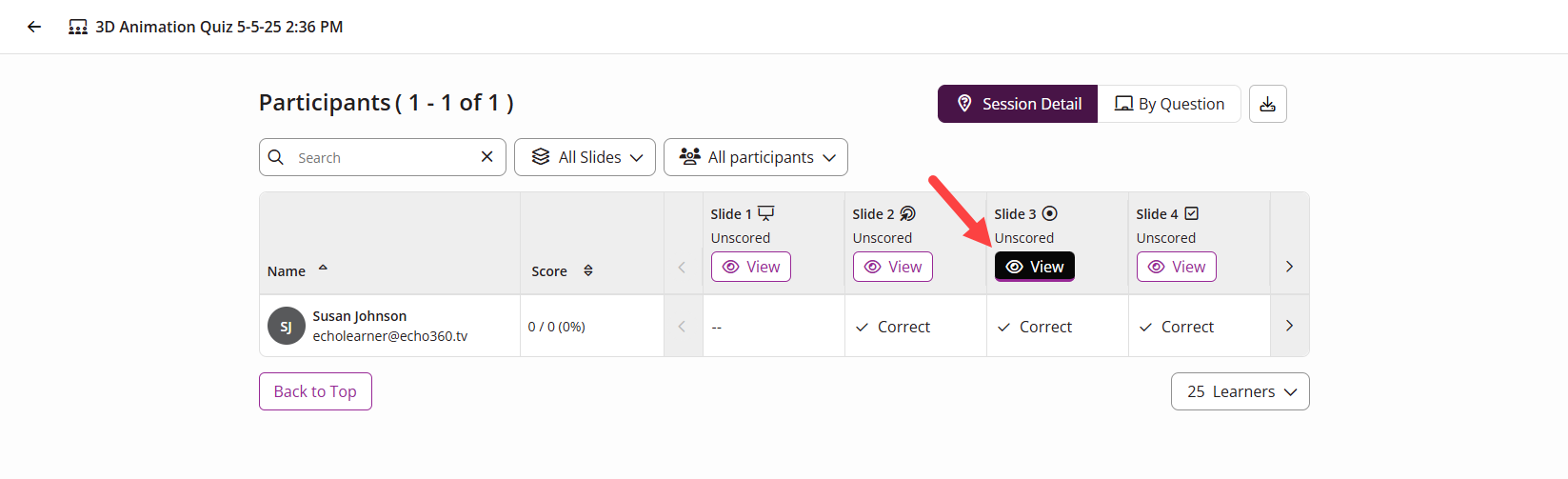 Session Details with View button of a slide identified as described