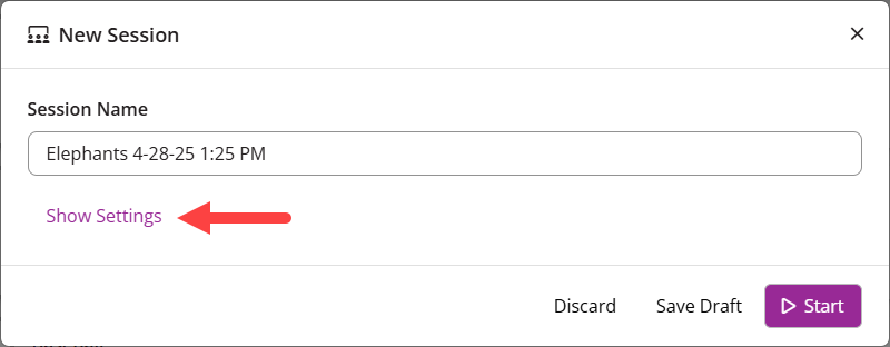 The EchoPoll New Session window with the Show Settings link highlighted