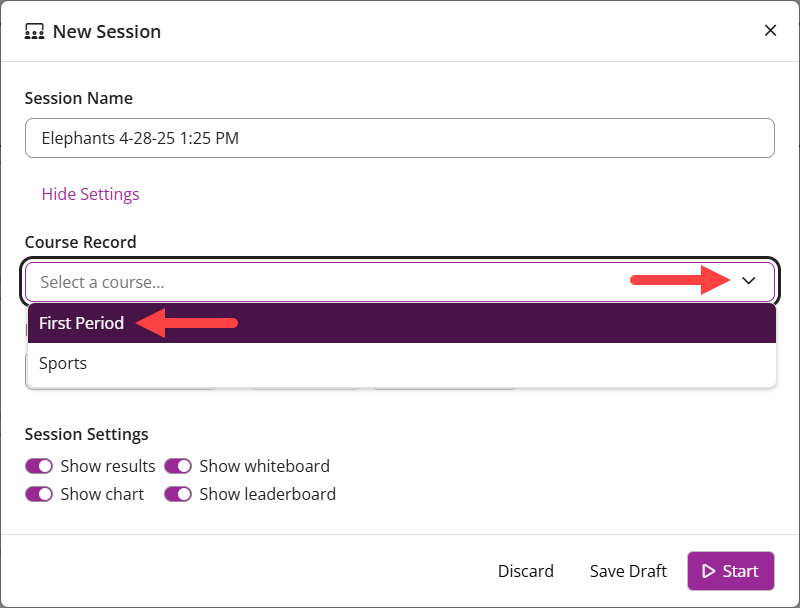 The EchoPoll New Session window with the Course Record dropdown identified and a course highlighted