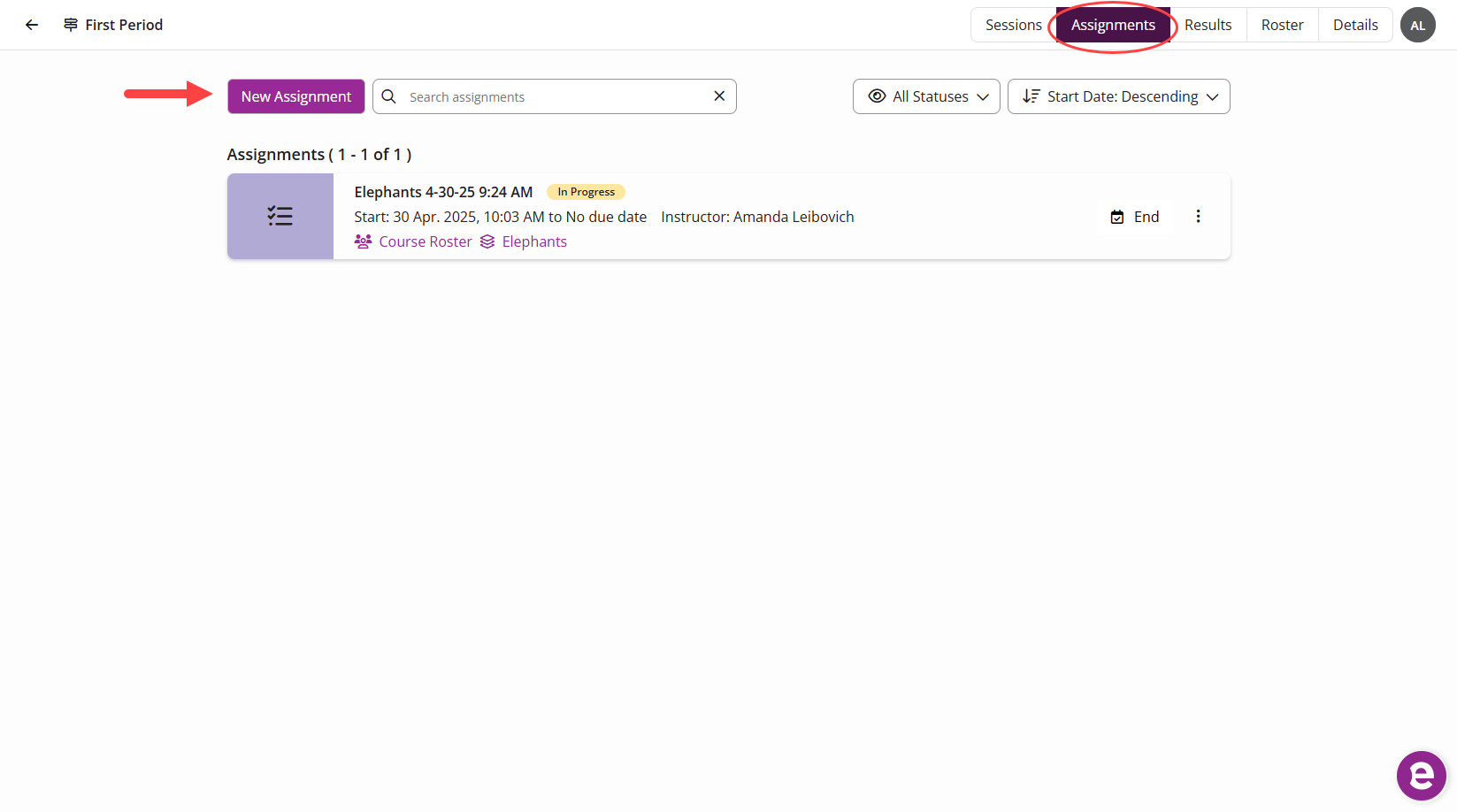 The EchoPoll Course Assignments page with the Assignments tab and New Assignment button highlighted
