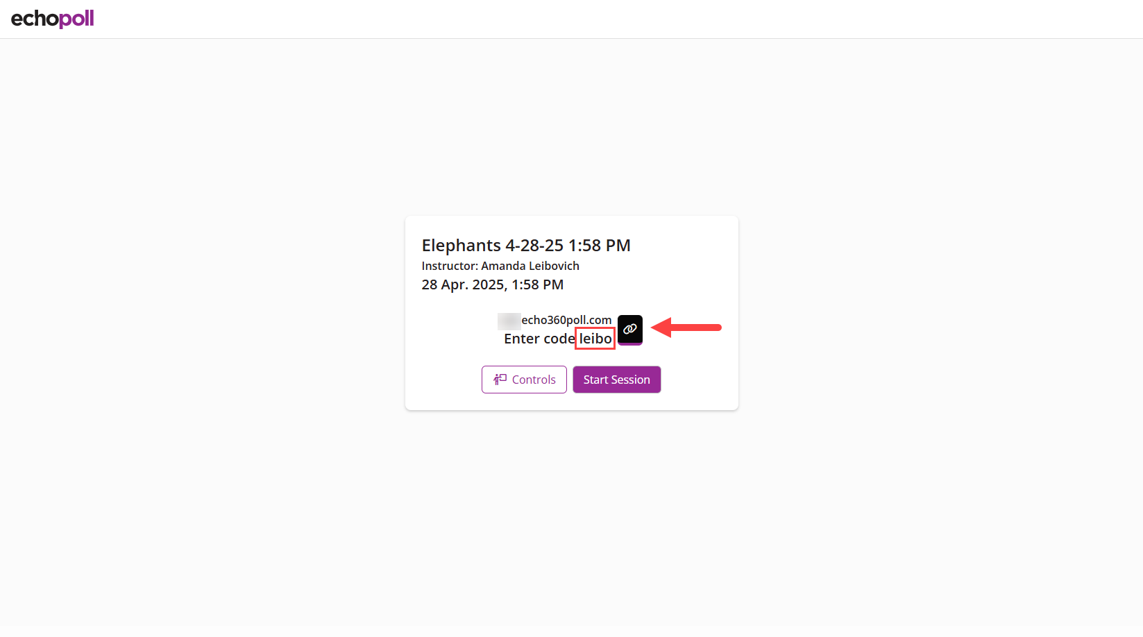 Session information screen with Join Code and Join Link identified as described