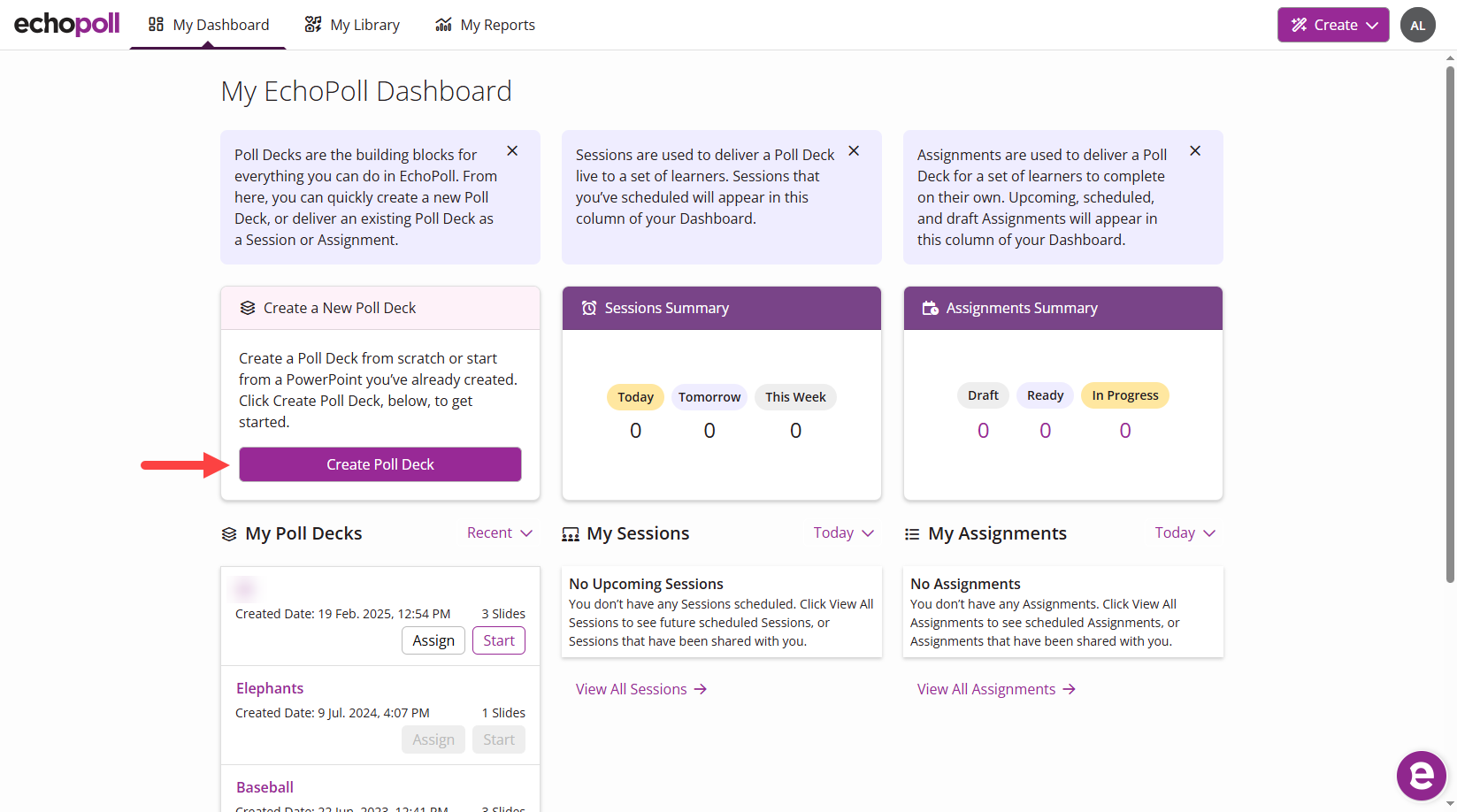 The EchoPoll Dashboard with Create Poll Deck button identified as described