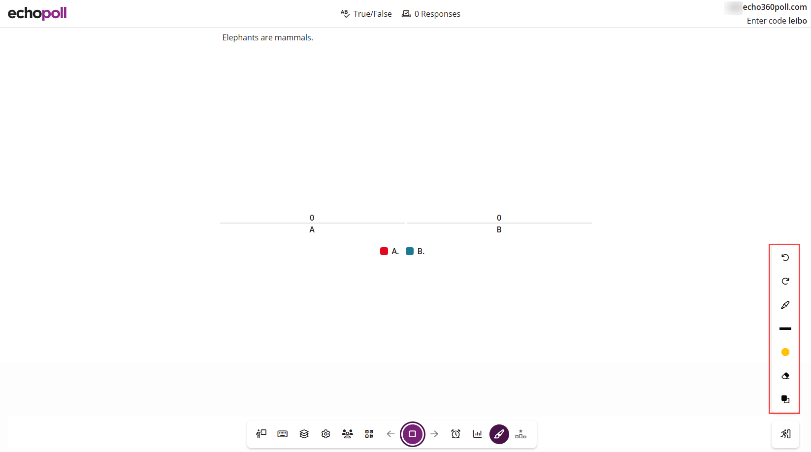 Polling slide open with Whiteboard controls identified as described