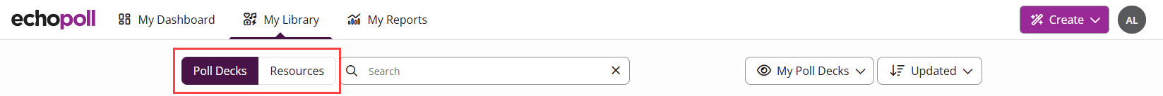 The top of the EchoPoll library with the Poll Decks and Resources tabs highlighted