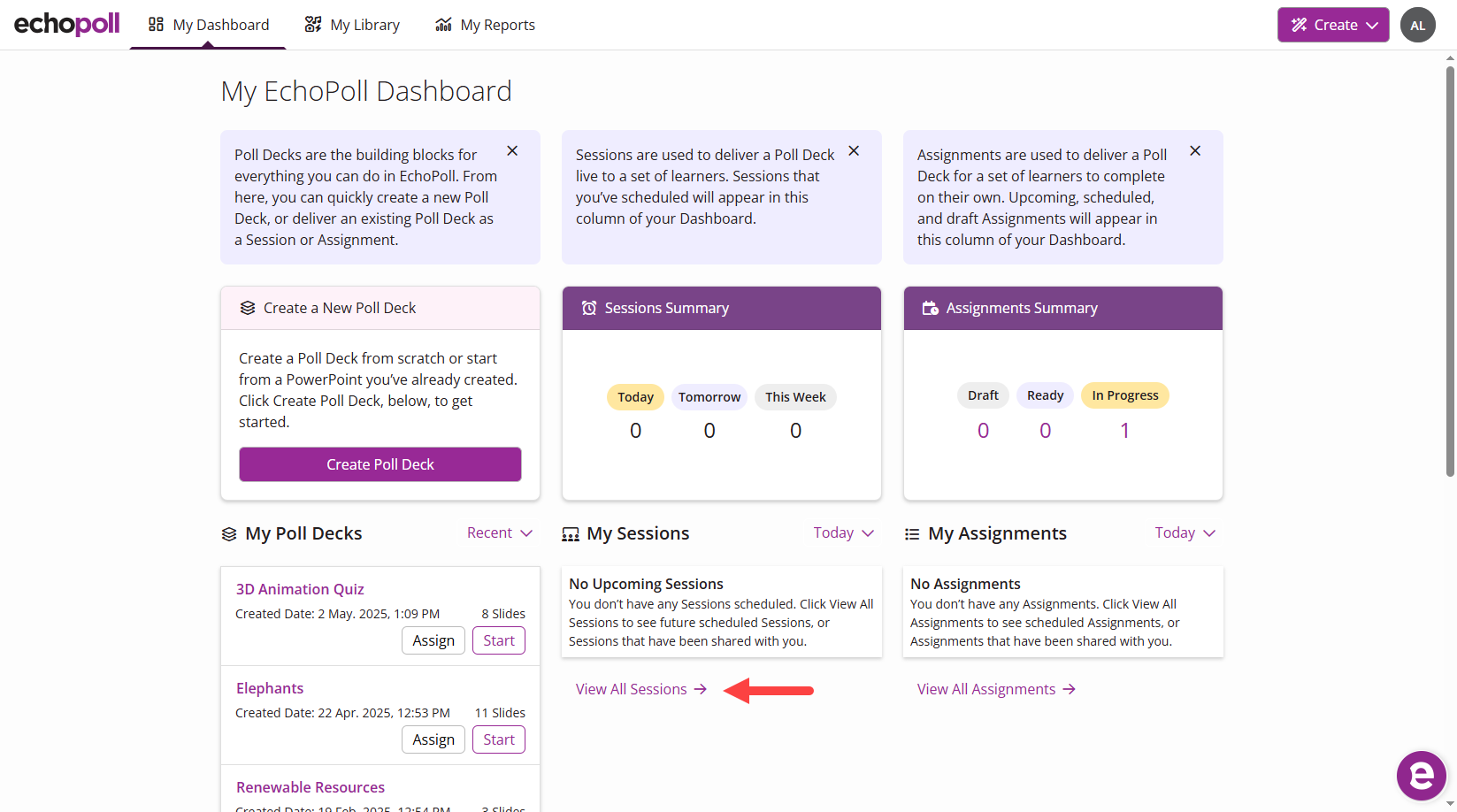 EchoPoll My Dashboard with View All Sessions identified as described