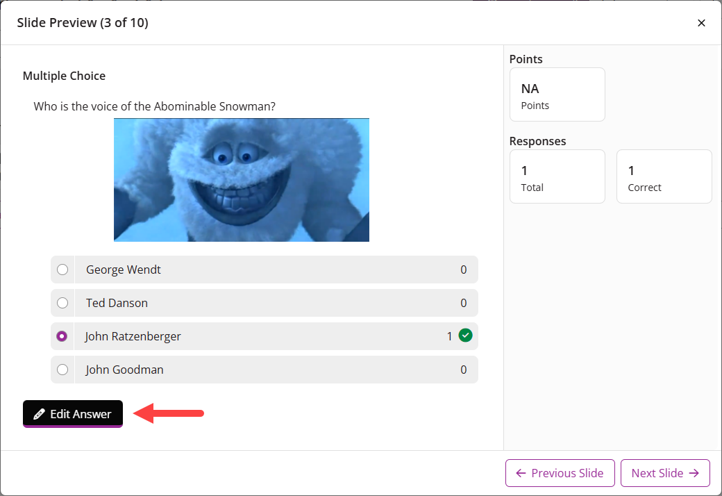 Slide Preview modal with Edit Answer button identified as described