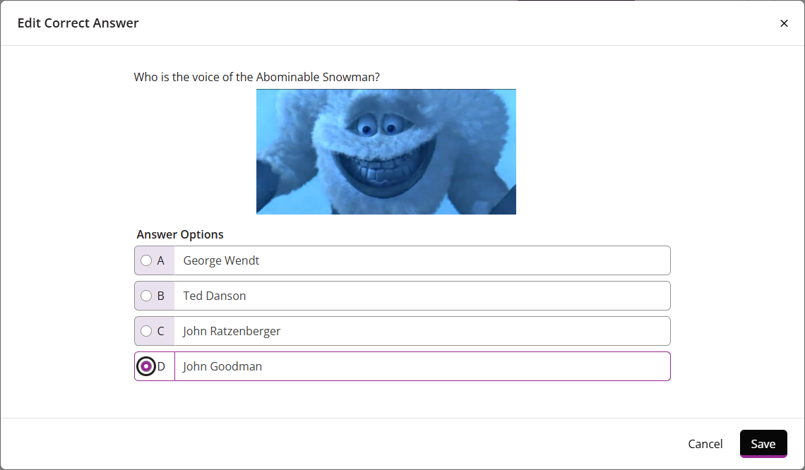 Slide Preview modal with new answer selected and Save button identified as described