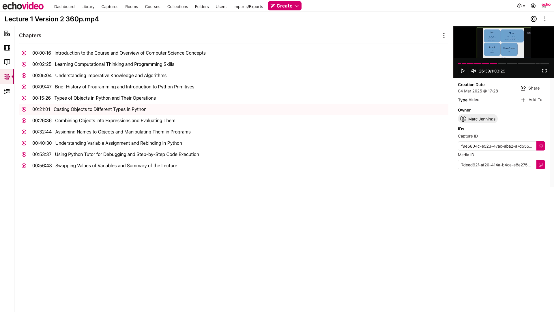 Chapters menu of the Media Details Page showing generated chapters for media.