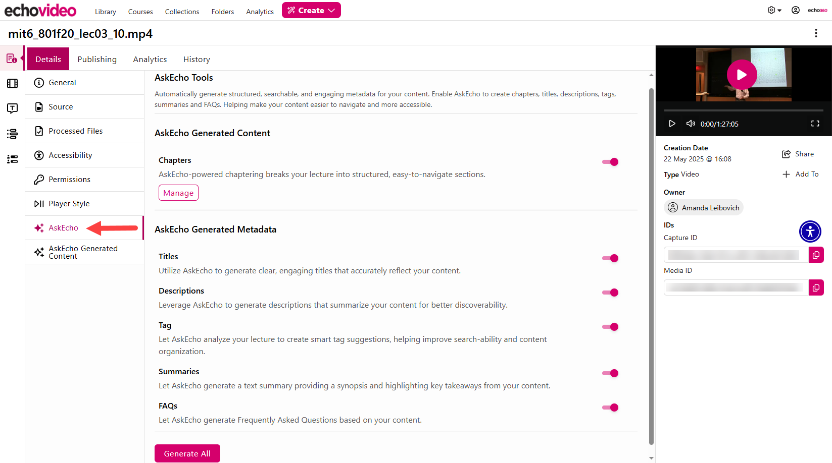 AskEcho menu of the Details tab under Media Details identified as described