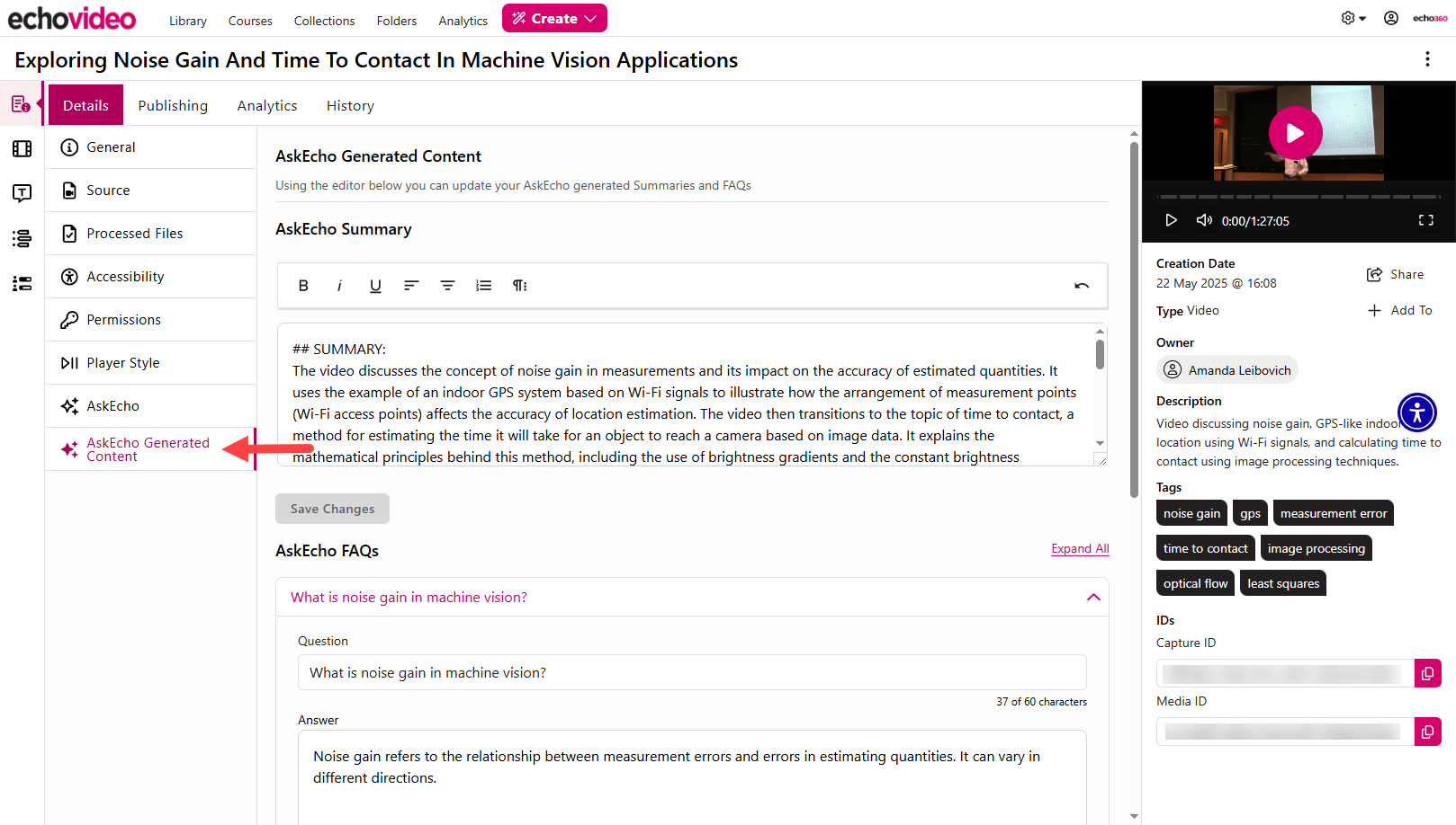 The AskEcho Generated Content tab showing the summary and AskEcho FAQs
