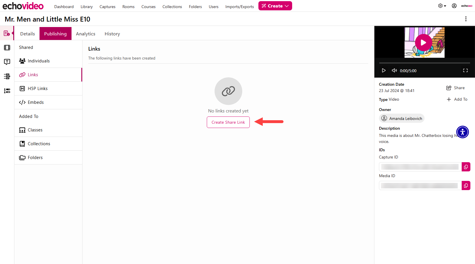 Media Details Page opened to the Link section of the Publishing tab with Create Link button identified