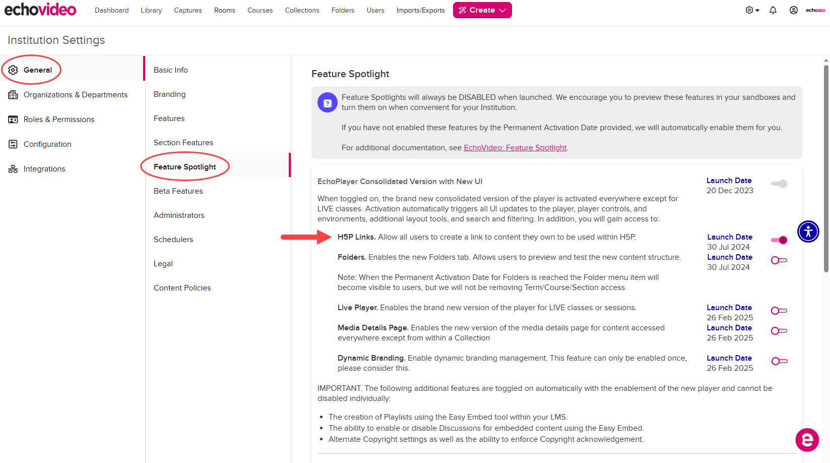 Institution Settings open to General, Feature Spotlight, with the H5P toggle enabled as shown by the steps described