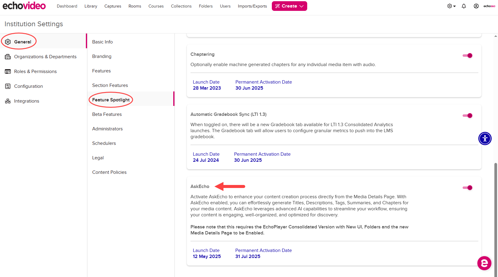 Institution Settings open to General, Feature Spotlight, with the AskEcho toggle identified as described