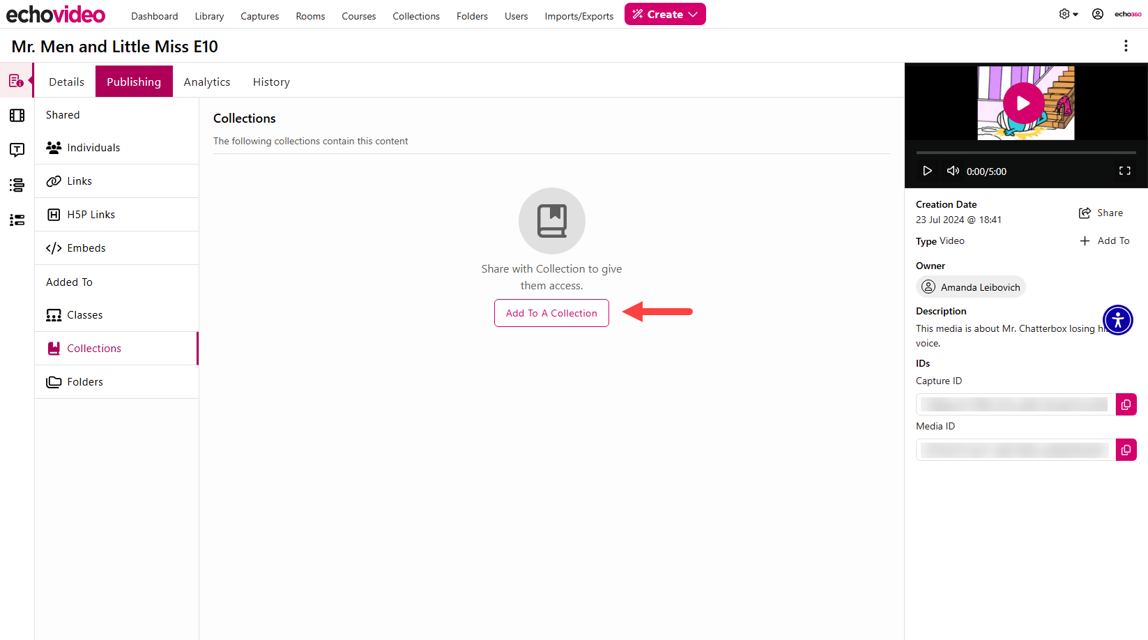 Media Details page identifying Publishing and Collections as described
