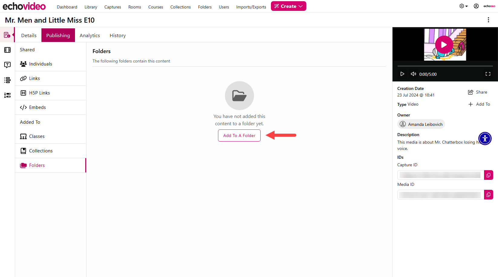 Media Details page identifying Publishing and Folders as described