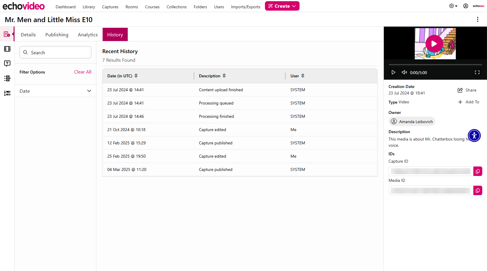 The History tab of the Media Info tab of the New Media Details Page