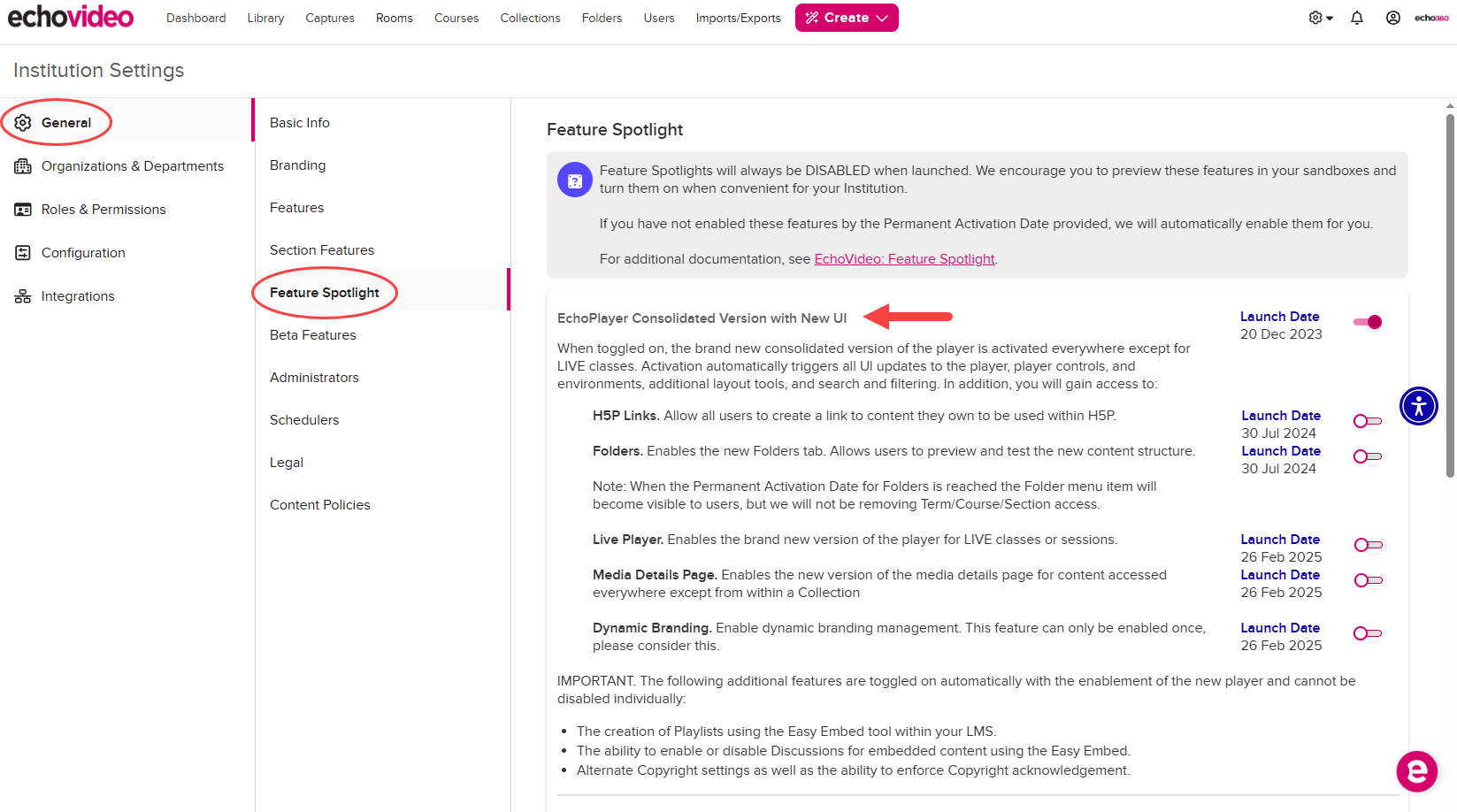 Institution Settings open to General, Feature Spotlight, with the EchoPlayer Consolidated Version with New UI toggle enabled as shown by the steps described