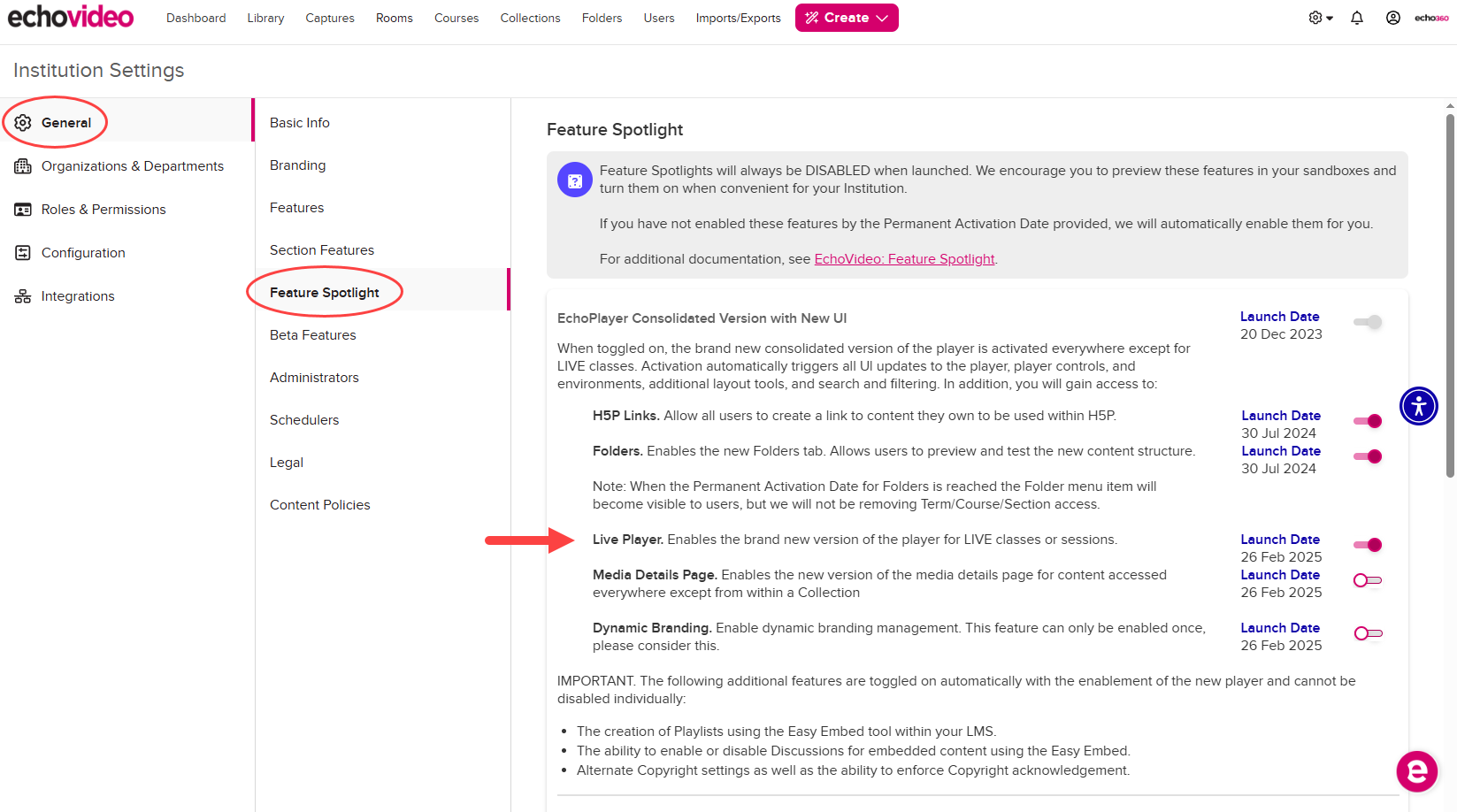 Institution Settings open to General, Feature Spotlight, with the EchoPlayer Consolidated Version with New UI for Live classes toggle identified as described