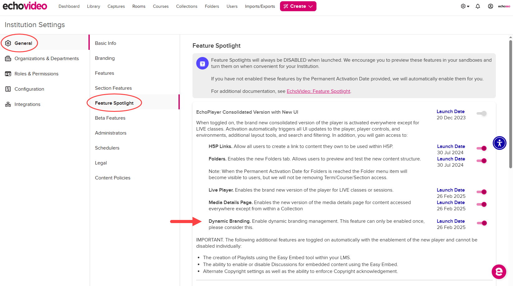 Institution Settings open to General, Feature Spotlight, with the Dynamic Branding Beta toggle identified as described