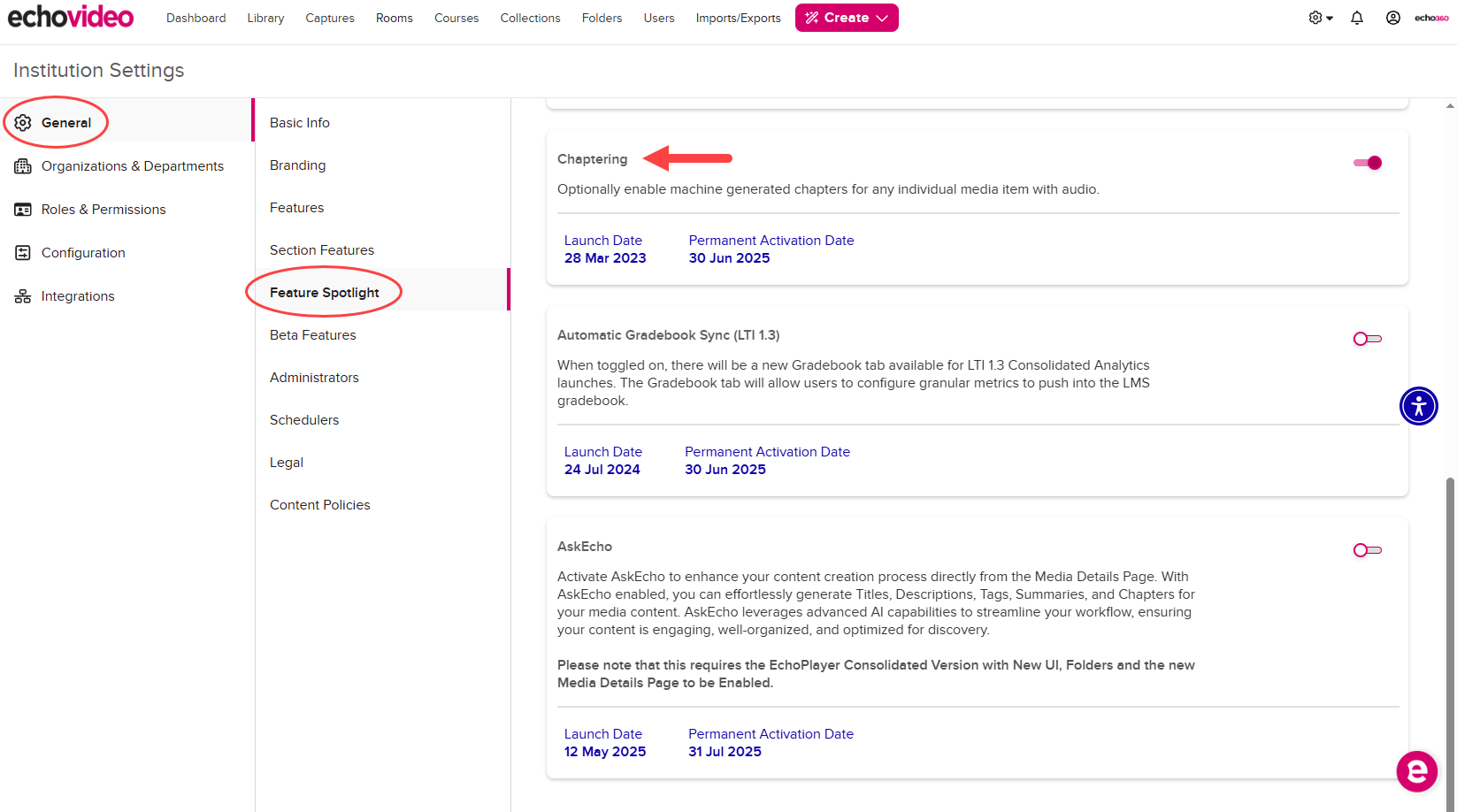 Institution Settings open to General, Feature Spotlight, with the Chaptering toggle identified as described
