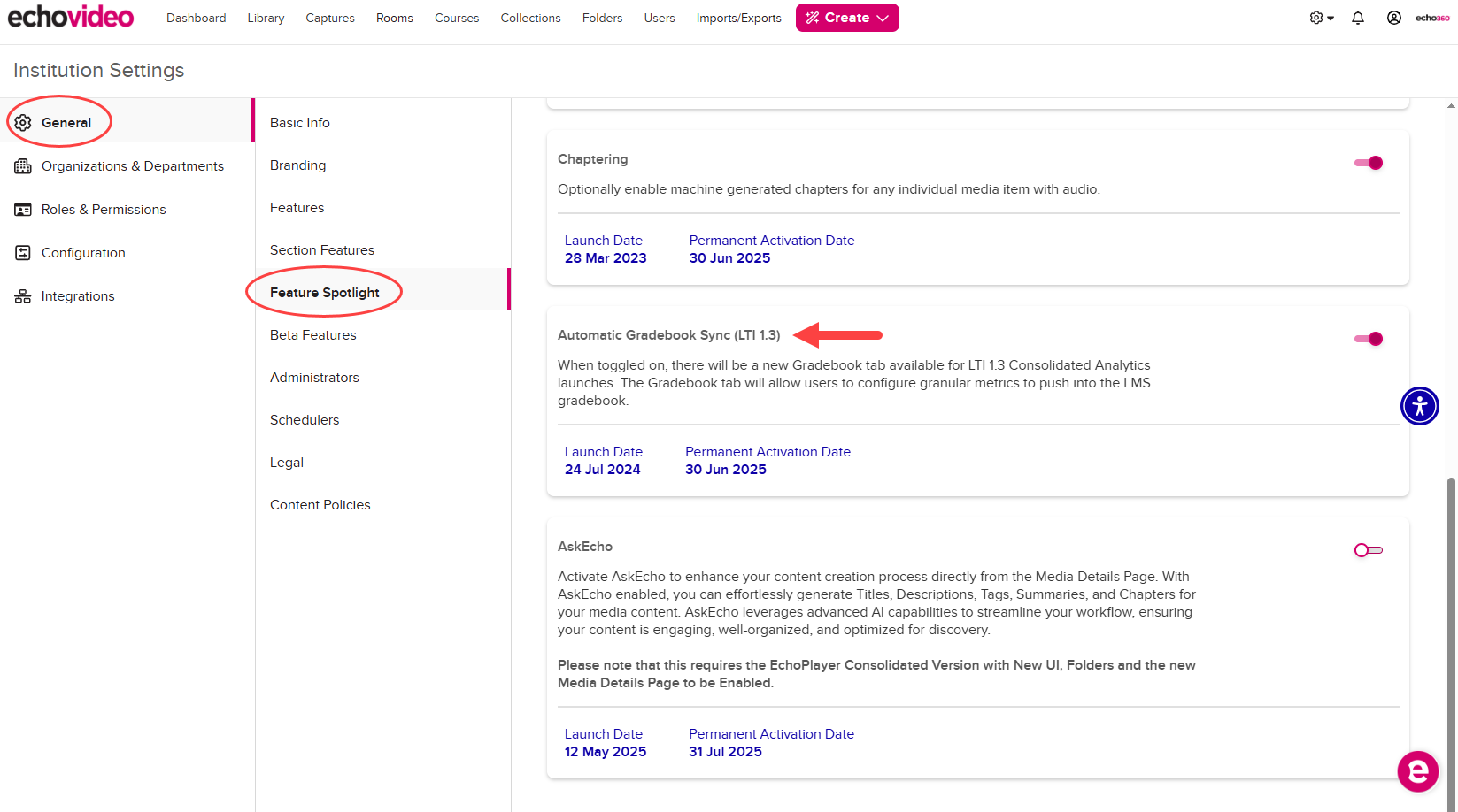 Institution Settings open to General, Feature Spotlight, with the Automatic Gradebook Sync (LTI 1.3) toggle identified as described
