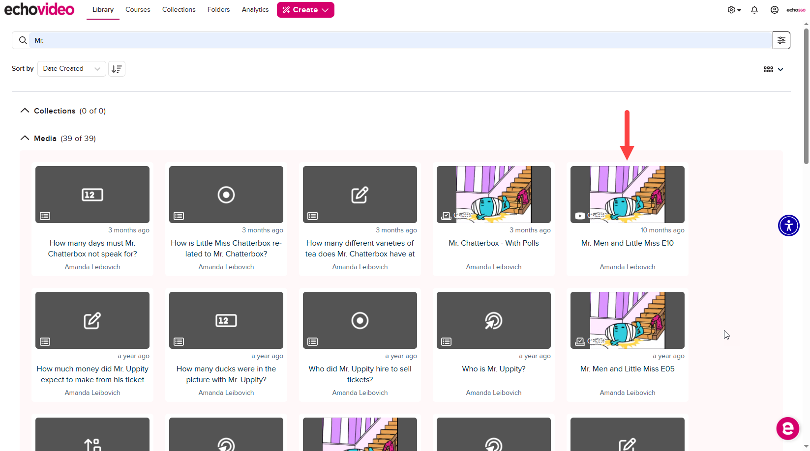 Library page showing library navigation in main menu and an arrow pointing to a media tile for selection as described