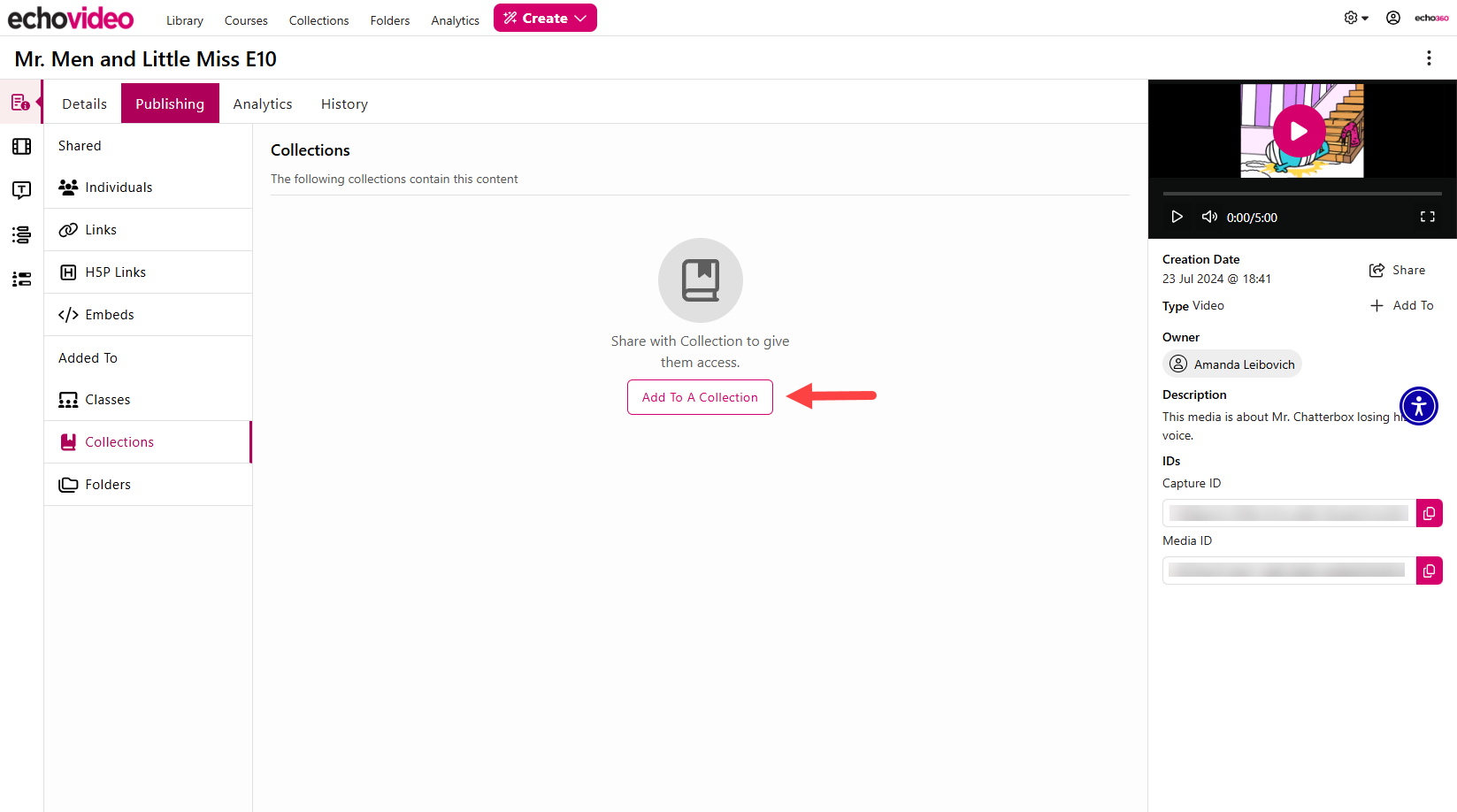 Media Details page identifying Publishing and Collections as described
