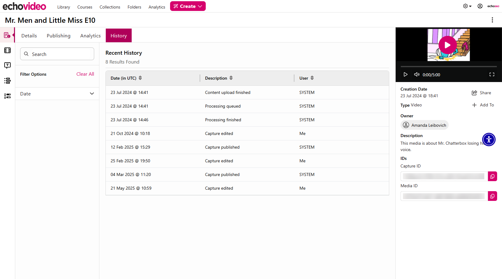 The History tab of the Media Info tab of the New Media Details Page