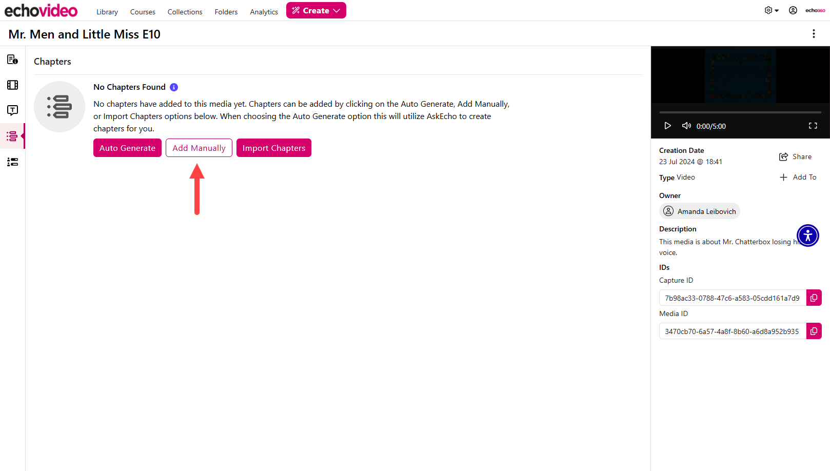 Chapters menu and Add Manually button identified as described